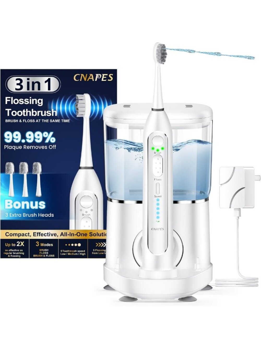 Electric Toothbrush Water Flosser Combo, 3 * 5 Modes White